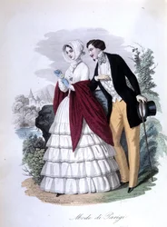 Une scène galante : un couple élégant de Parisiens à la mode. 1848 (gravure)