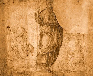 Un saint avec deux femmes agenouillées (craie rouge sur papier)