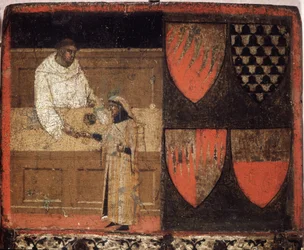 Un percepteur et un contribuable, Biccherna (couverture du registre comptable de la ville de Sienne) de 1340. Archives nationales - Museo delle Tavolette di Biccherna, Sienne.