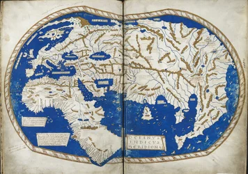 Carte du monde, de "Insularium Illustratum", par Enrico Martello, étant un compte rendu des îles, principalement de la Méditerranée, avec des plans colorés, italien, vers 1470 (vélin)