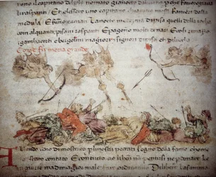 Représentation allégorique de la peste noire en Europe en 1347-48, tirée du "Croniche del Sercambi", vers 1400 (plume et encre sur vélin)