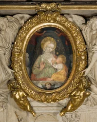 Autel de Saint Eusèbe, Fresque Notre-Dame de la Paix du XVe siècle, Insérée dans le cadre avec des anges en 1622