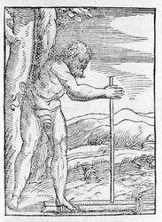 Un Indien Taïnos allumant un feu en frottant deux morceaux de bois. Gravure de « Navigationi et Viaggi » de Giovanni Battista Ramusio (1485-1557), vol. III, Venise 1565.
