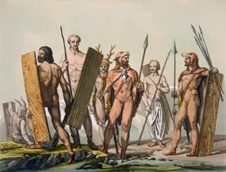 Anciens guerriers celtes vêtus pour la bataille, avec un chaman, vers 1800-18