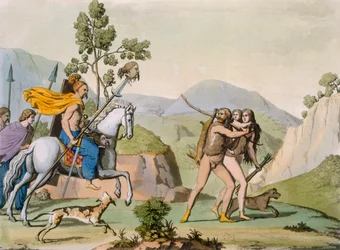 Guerriers celtiques anciens en expédition rencontrant un couple en chasse, vers 1800-18