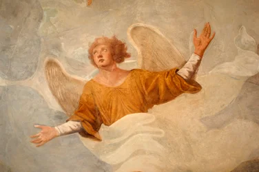 Ange, détail de scènes de la vie de saint Jean (XVIIe siècle), fresque, baptistère paléochrétien, portique de la cathédrale de Novare, Piémont, Italie