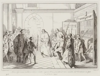 Antonio Grimani enchaîné pour rendre compte de son généralat sur mer (gravure)