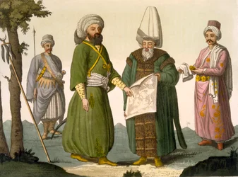 Pacha (commandant militaire), un pacha en tenue de combat, garde du corps du pacha et page, planche 18 de la partie III, volume I de l