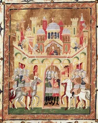 Scène de bataille aux murs de Jérusalem, de Descriptio Terrae Sanctae par Burcardus Theutonicus ou Burchard du Mont Sion