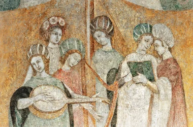 Bicocca degli Arcimboldi : fresque du 15ème siècle, détail de femmes jouant de la musique
