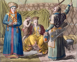Famille bouriate dans un intérieur, de Costume dei... par Giulio Ferrario, vers 1820-30 (lithographie coloriée à la main)