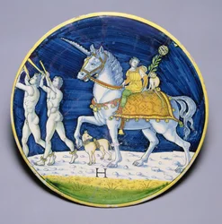 Plat représentant le cheval de César du Triomphe de César, attribué à Jacopo di Pietro, italien, de Caffaggiolo