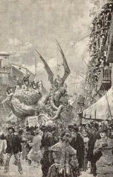 Défilé de chars pendant le dernier jour du Carnaval, Naples, Italie, gravure d