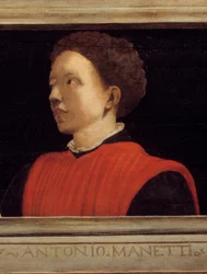 Cassone avec 5 portraits du Maître de la Renaissance florentine (détail) avec le portrait de Manetti Rutilio di Lorenzo (1571-1639). École italienne du 16ème siècle. L