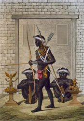 Guerriers congolais et figures fétiches gardant le palais du Saba ou souverain, vers 1820-1830