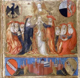 Couronnement de Pie II (Enea Silvio Piccolomini) (1405 à 1464). Pape italien (1458 - 1464). En bas se trouve la ville fortifiée de Sienne. Biccherna (couverture du registre comptable de la ville de Sienne) de 1460. Archives nationales - Museo delle