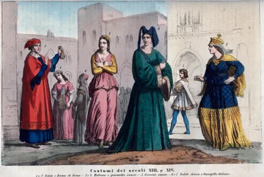 Costumes à Sienne entre le XIIIe et le XIVe siècle - gravure de «Usi e Costumi di Tutti i Popoli dell