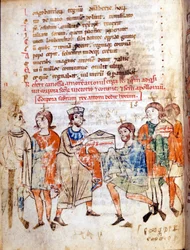 Cour de Mathilde de Canossa (ou Comtesse Mathilde de Toscane) (1046 - 1115) dans "Vita Mathildis" par Donizone, manuscrit du 13ème siècle. Lucca, Bibl, Governativa.