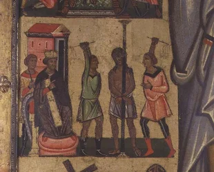 Crucifixion avec histoires de la Passion : (détail) montrant la flagellation du Christ, école de Lucques