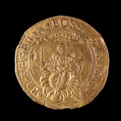 Monnaie de la République de Gênes : 20 doppie en or. Diamètre 58 mm. 1645. verso. Gênes Musei di Strada Nuova