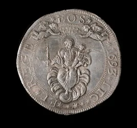 Monnaie de la République de Gênes : pièce de cinq écus en argent. Diam. 61 mm. 1693. Revers. Gênes, musées de la Strada Nuova