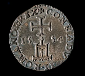 Monnaie de la République de Gênes : teston en argent de la Bénédiction. Recto représentant le portail de Gênes sous une croix. 1554 Gênes, Musei di Strada Nuova
