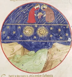 Dante et Béatrice contemplant le signe des Gémeaux, les planètes et la terre, de la Divine Comédie par Dante Alighieri (1265-1321)