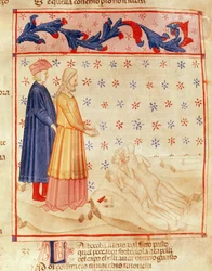 Dante et Virgile (70-19 av. J.-C.) découvrent le comte Ugolino, extrait de "La Divine Comédie" de Dante Alighieri (1265-1321) (vélin)