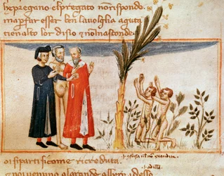 Dante et Virgile rencontrent Forese de Donati avec les gourmands (chant 23 du Purgatoire, dans la Divine Comédie) - Miniature