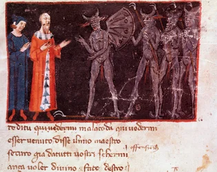 Dante et Virgile parlent avec Malacoda, chef des escouades des Malebranche (chant 21 de l