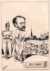 Affaire Dreyfus - Émile Zola - Ecce Homo - Un nouveau Christ après 1897 ans - Dessin publié dans le journal italien "Il Fischietto" en 1898 (reproduit dans Le Rire)