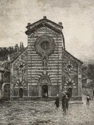 Façade de la cathédrale de Bellano, lac de Côme, Italie (gravure)