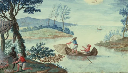 Scène de pêche représentant le mois de juillet, une des douze séries