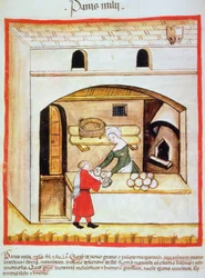 Préparation du pain de millet, illustration du Tacuinum Sanitatis Codex Vindobonensis