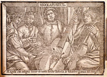 Frontispice de Regola Rubertina traité sur la viole de gambe par Silvestro Ganassi dal Fontego