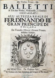 Frontispice de la partition musicale de Balletti a tre, opera III par Tomaso Albinoni (1671-1750)
