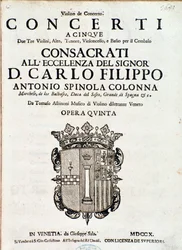Frontispice de la partition musicale de « Concerti a cinque, opera 5 » par Tomaso Albinoni