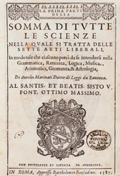 Frontispice tiré de Somma di tutte le scienze, essai sur les arts libéraux, par Aurelio Marinati