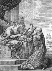Galileo, astronome (1564 - 1642) présente le télescope aux trois grâces. De sa main droite, il indique la planète Jupiter avec ses satellites découverts par lui-même et dédiés à la famille Médicis. Frontispice de "Opere di Galileo" Bologna