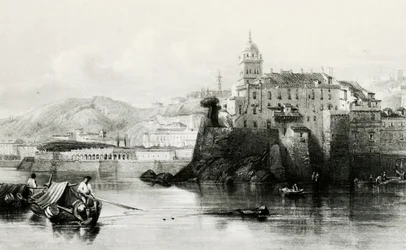 Mur de la marina de Gênes avec la Villa Doria Pamphili en arrière-plan, gravure, vers 1850, Italie