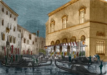 Gondoliers attendant des spectateurs devant le Teatro La Fenice, Venise, Italie, tiré de Le Monde Illustré n°564, 1868