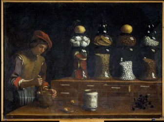 Herboriste dans son atelier au XVIIe siècle (huile sur toile)