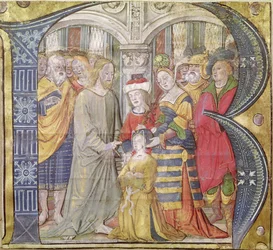 Initiale historiée B représentant le Christ guérissant une femme possédée