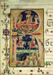 Initiale historiée R représentant la résurrection, deux chevaliers saints et un évêque saint recevant des reliques