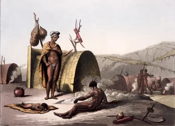 Huttes et mode de vie de camp des Bushmen, de Costumi dei... par Giulio Ferrario, vers 1820-30