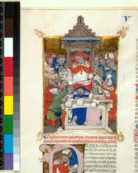 Manuscrit illuminé. Novella in Decretales. Début du Livre V, De accusationibus, inquisitionibus et denuntiationibus.a., c.1355-1365