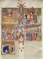 Enluminure divisée en quatre scènes : Un juriste à sa table ; Un pape recevant un livre ; Une leçon dans un collège de droit ; Une librairie, avec une lettrine historiée représentant Sainte Catherine et un or