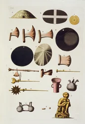Outils et artefacts incas, Pérou, de Le Costume Ancien et Moderne, Volume II, planche 22, par Jules Ferrario, publié vers 1820-1830