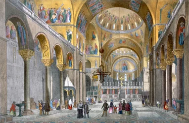 Intérieur de la basilique San Marco, vue vers le dôme, tirée de Vues de Venise par Cecchini, Pividor et Viola, vers 1850