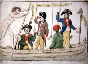 Caricature italienne sur Napoléon Caron emmenant Napoléon en enfer dans son bateau